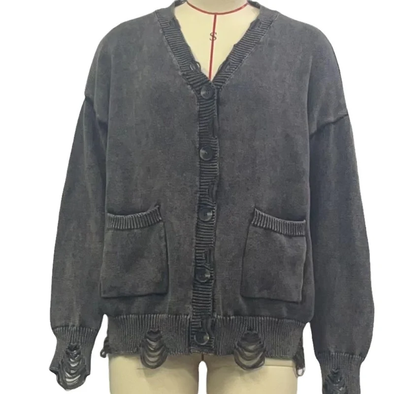 Damen lässiger Oversized-Pullover mit V-Ausschnitt und Taschen Drune