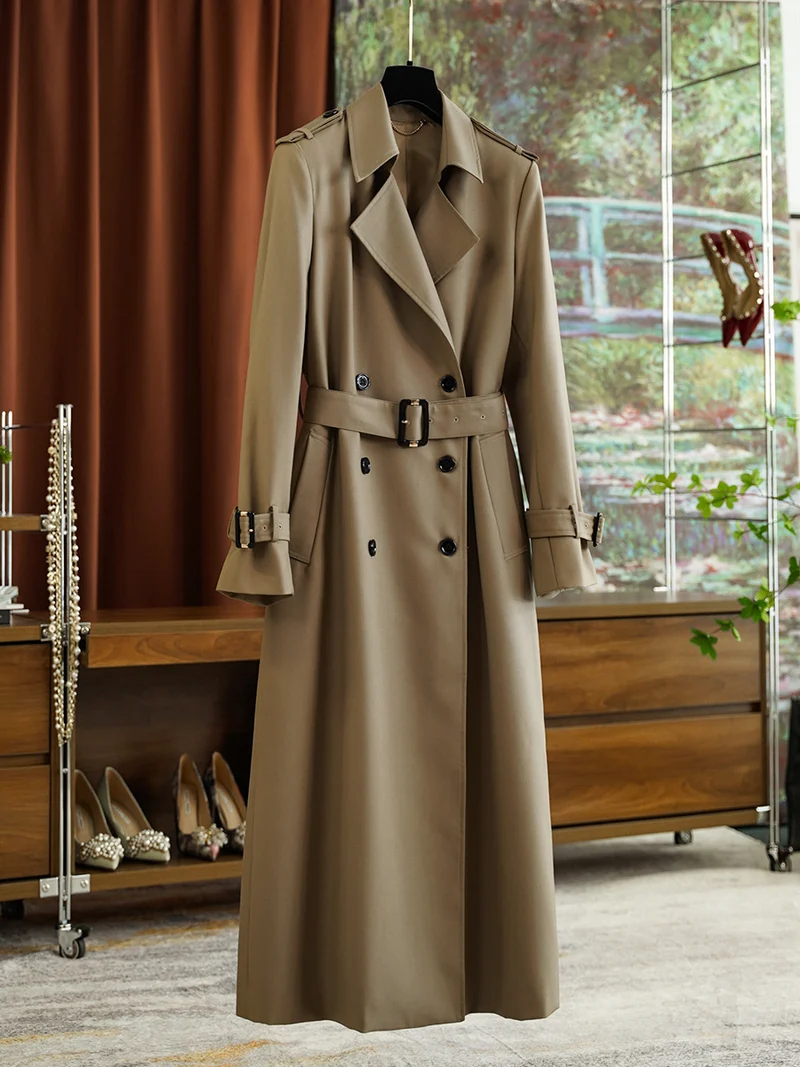 Damen Doppelreihiger taillierter Trenchcoat mit Gürtel, Schulterklappen & verstellbaren Manschetten Drune