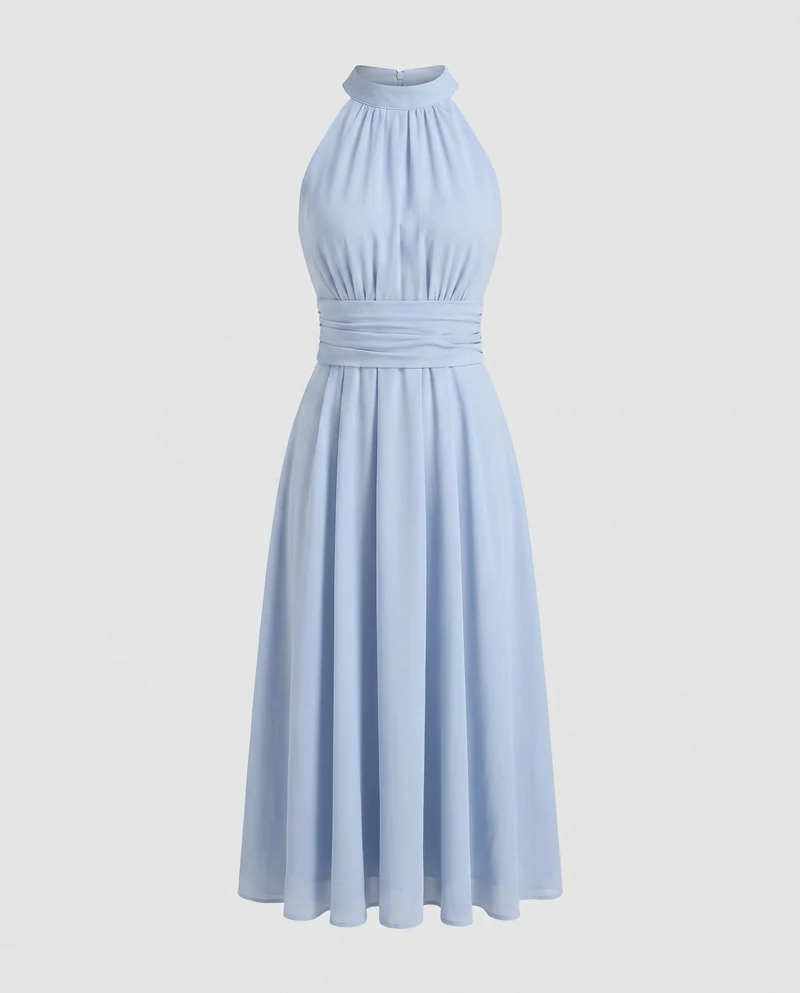 Damen Halterneck Maxikleid mit taillierter Silhouette und fließendem Rock