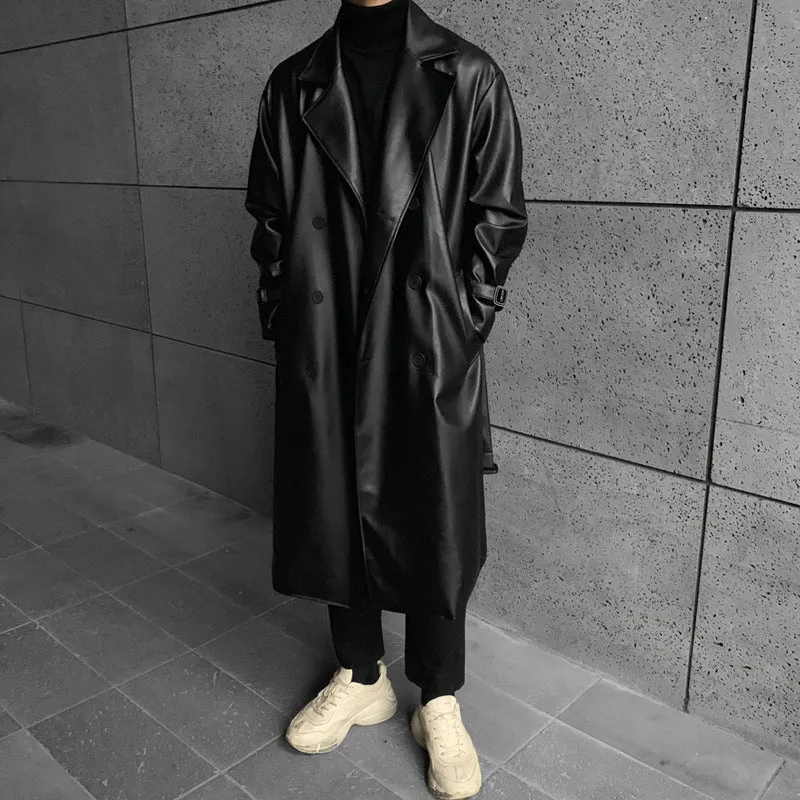 Herren modischer Longtrenchcoat aus hochwertigem Kunstleder mit elegantem Schnitt Drune