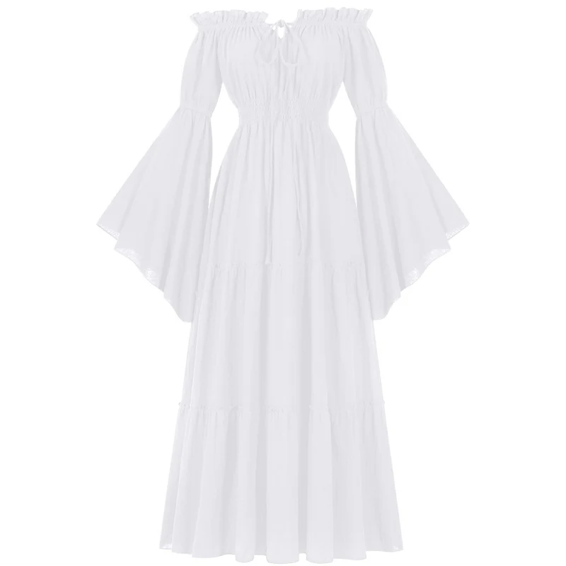 Damen nan bodenlanges Off-Shoulder Maxikleid mit geraffter Taille, mehrstufigem Rock und weiten Trompetenärmeln Drune