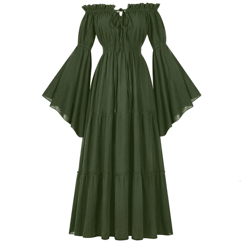 Damen nan bodenlanges Off-Shoulder Maxikleid mit geraffter Taille, mehrstufigem Rock und weiten Trompetenärmeln Drune