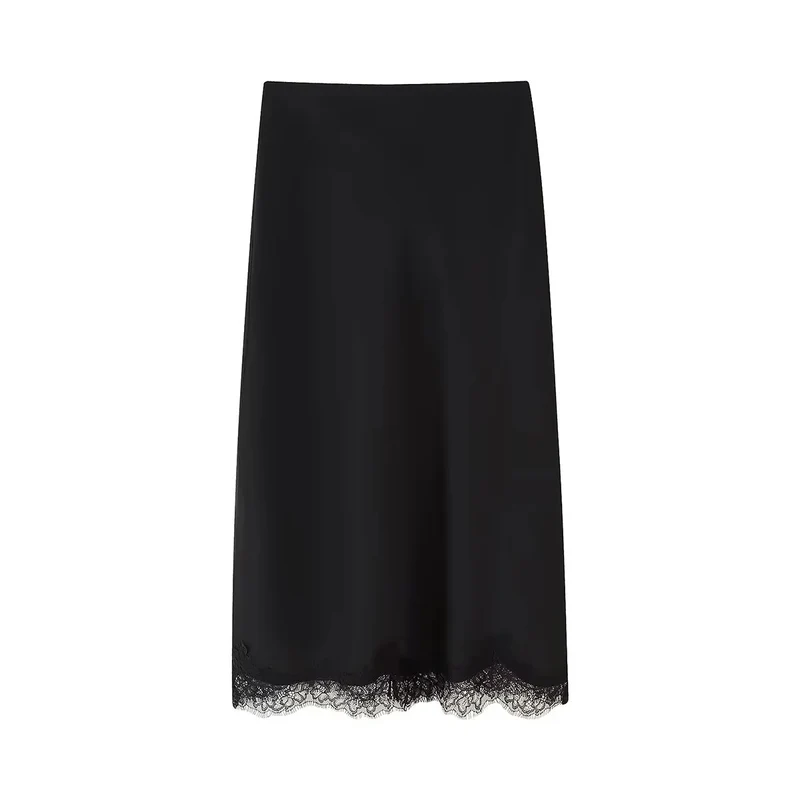 Damen nan Satin-Midirock als Unterrock mit elastischem Komfortbund und zarter Spitzenkante Drune