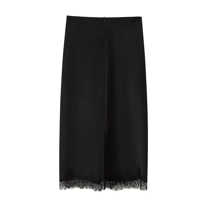 Damen nan Satin-Midirock als Unterrock mit elastischem Komfortbund und zarter Spitzenkante Drune