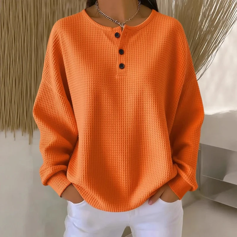 Damen nan Oversized Waffelstrick Henley-Pullover mit Knopfleiste und abgerundetem Saum Drune