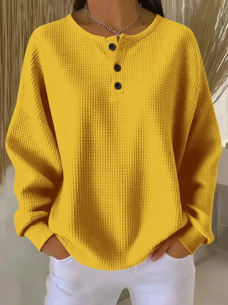 Damen nan Oversized Waffelstrick Henley-Pullover mit Knopfleiste und abgerundetem Saum Drune