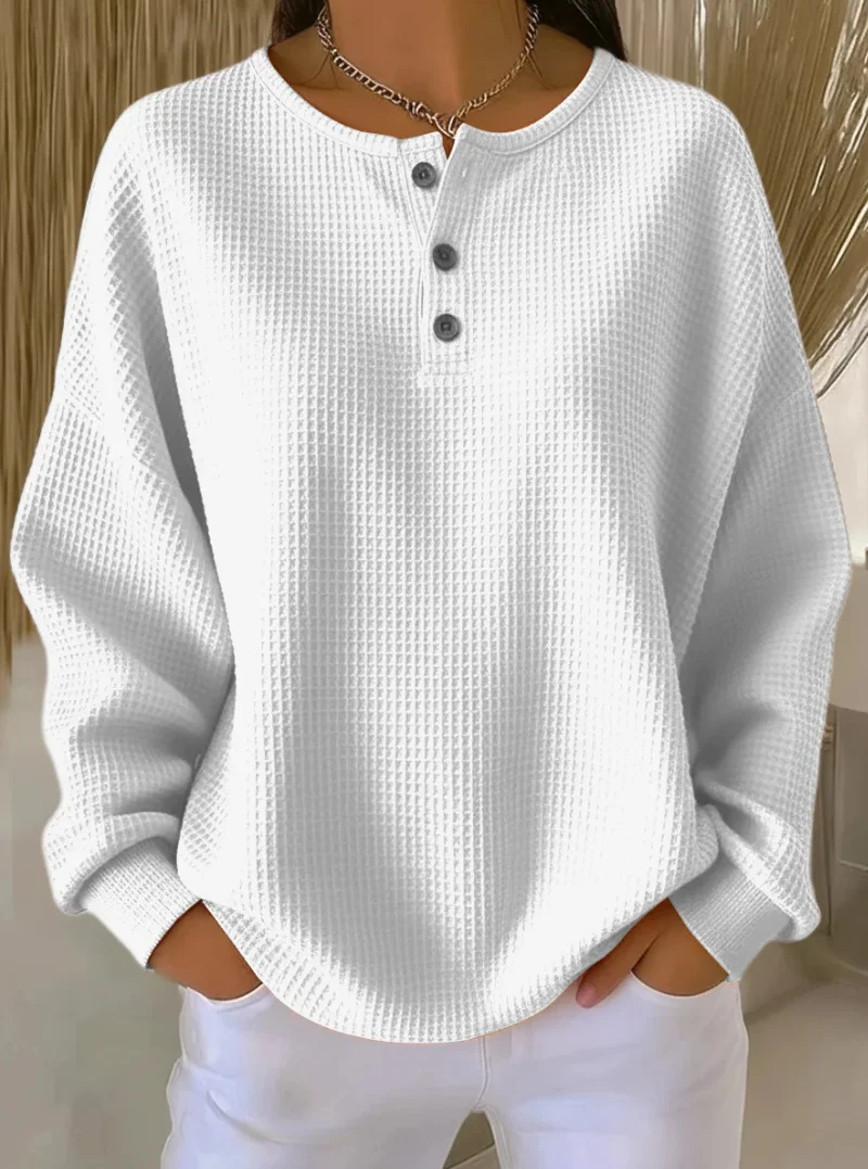 Damen nan Oversized Waffelstrick Henley-Pullover mit Knopfleiste und abgerundetem Saum Drune