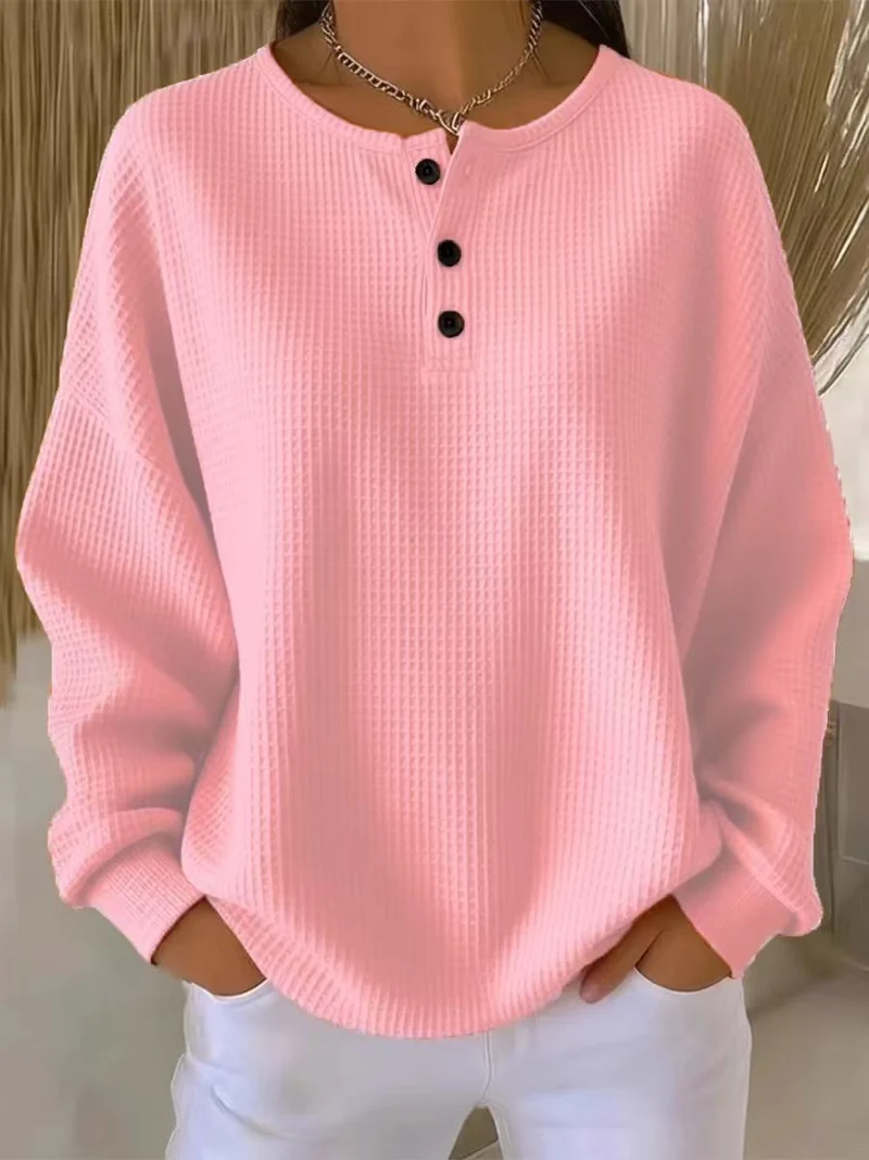 Damen nan Oversized Waffelstrick Henley-Pullover mit Knopfleiste und abgerundetem Saum Drune