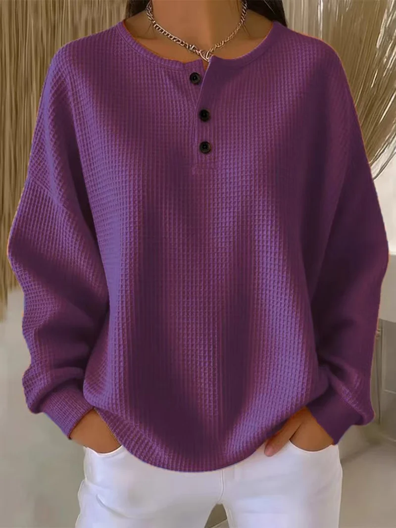 Damen nan Oversized Waffelstrick Henley-Pullover mit Knopfleiste und abgerundetem Saum Drune