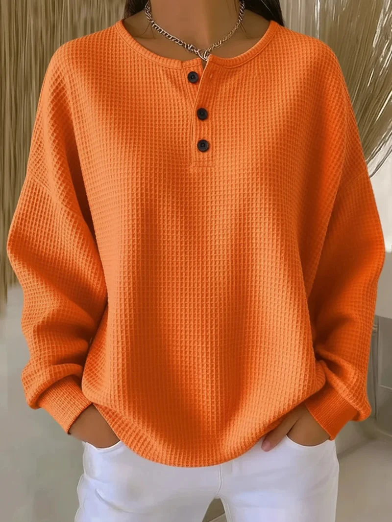 Damen nan Oversized Waffelstrick Henley-Pullover mit Knopfleiste und abgerundetem Saum Drune