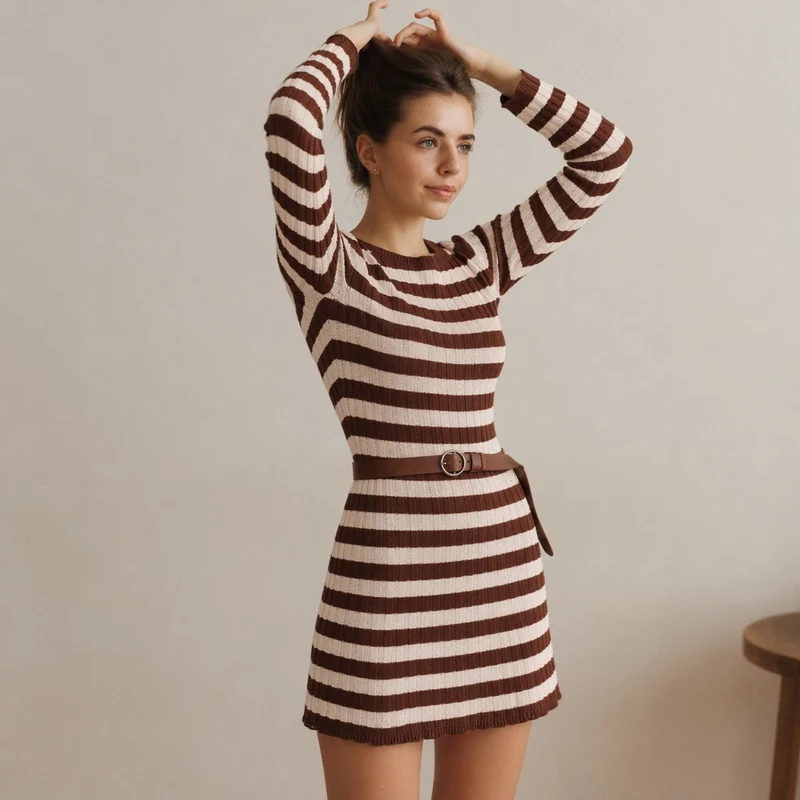 Damen figurbetontes geripptes Strickkleid mit Rundhalsausschnitt und langen Ärmeln Drune