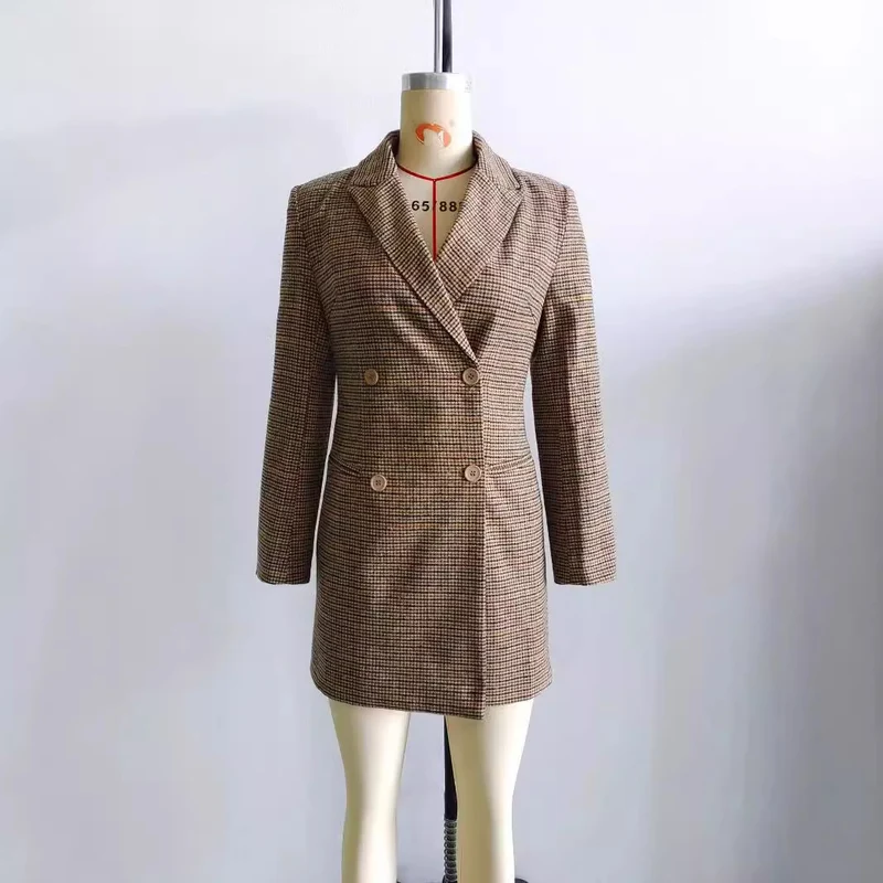 Damen nan taillierter Doppelreiher-Mantel im Glencheck-Look mit Reverskragen Drune