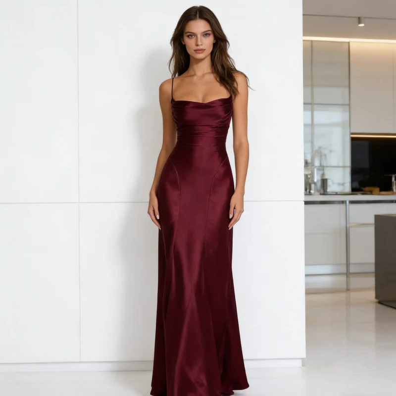 Damen Elegantes satin Abendkleid mit tailliertem Schnitt und schmalen Trägern Drune
