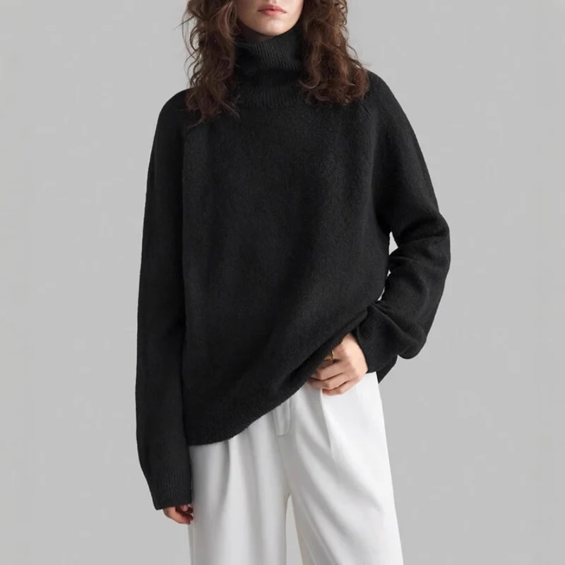 Damen Oversize Rollkragen-Feinstrickpullover mit Raglanärmeln und seitlichen Schlitzen Drune