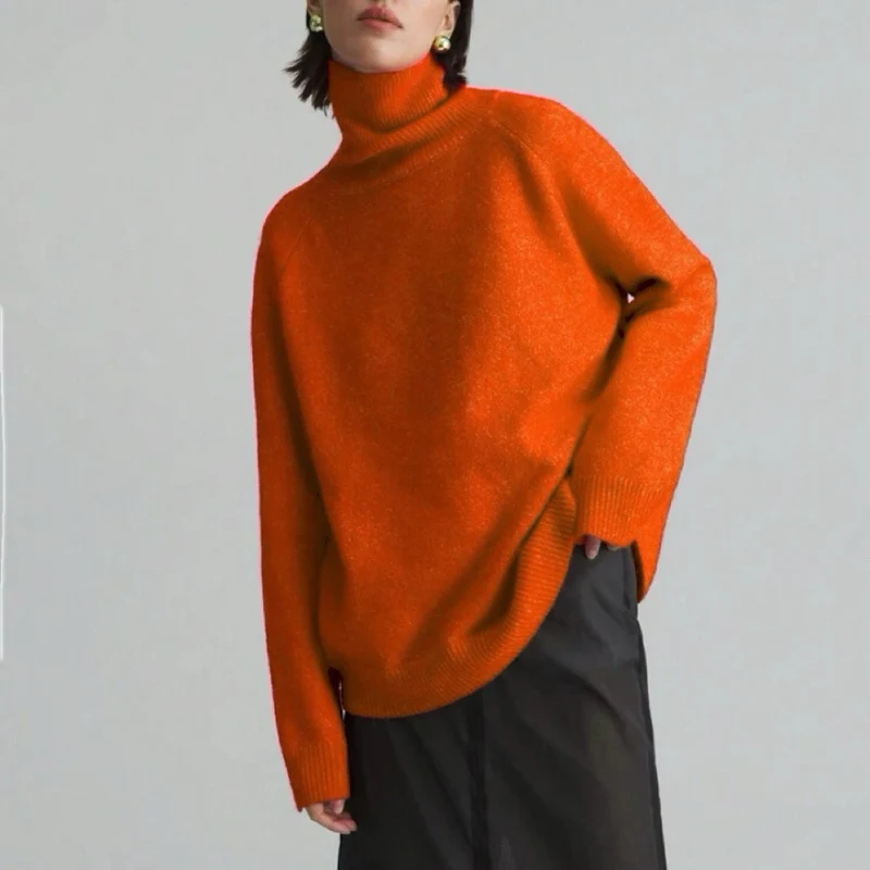 Damen Oversize Rollkragen-Feinstrickpullover mit Raglanärmeln und seitlichen Schlitzen Drune