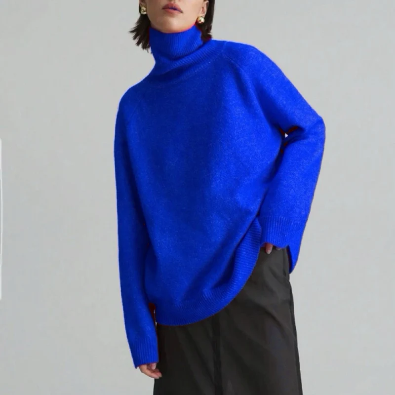 Damen Oversize Rollkragen-Feinstrickpullover mit Raglanärmeln und seitlichen Schlitzen Drune