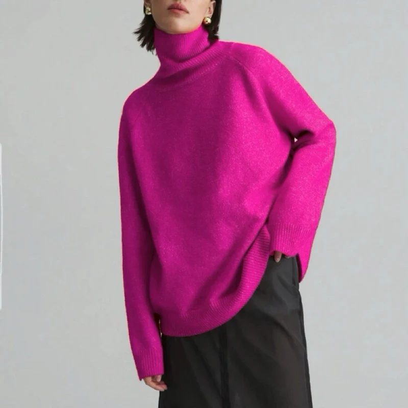 Damen Oversize Rollkragen-Feinstrickpullover mit Raglanärmeln und seitlichen Schlitzen Drune