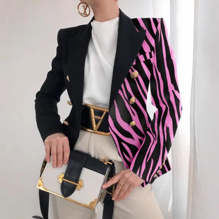 Damen Taillierter Doppelreihiger Blazer mit markanter Schulter, Goldknöpfen und Glitzer-Ombré Drune