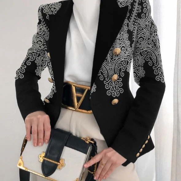 Damen Taillierter Doppelreihiger Blazer mit markanter Schulter, Goldknöpfen und Glitzer-Ombré Drune