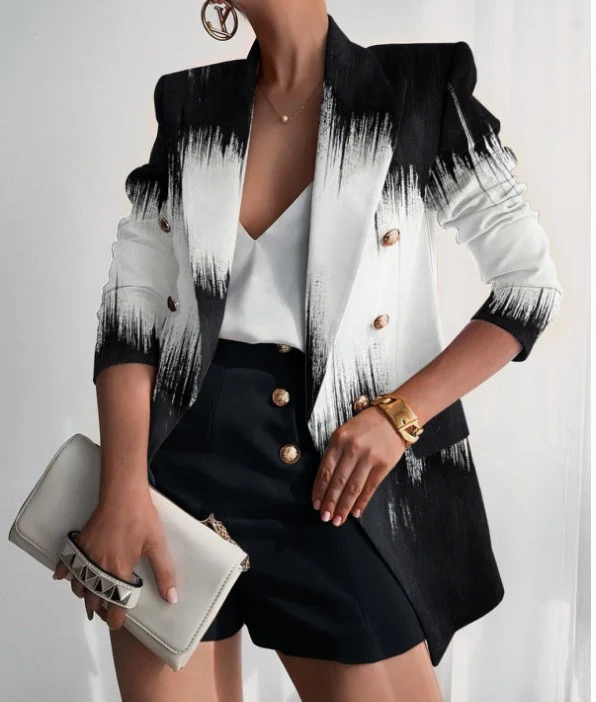 Damen Taillierter Doppelreihiger Blazer mit markanter Schulter, Goldknöpfen und Glitzer-Ombré Drune