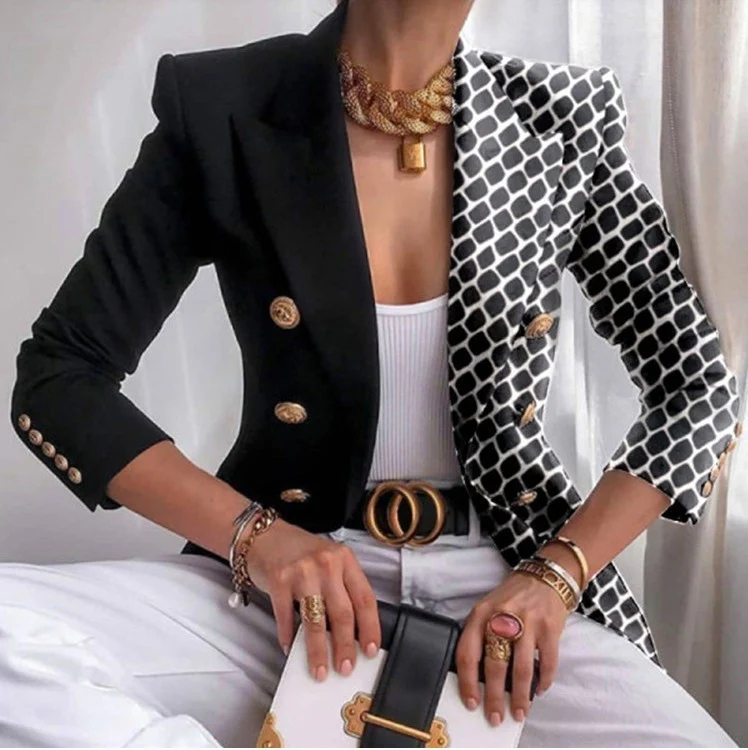 Damen Taillierter Doppelreihiger Blazer mit markanter Schulter, Goldknöpfen und Glitzer-Ombré Drune
