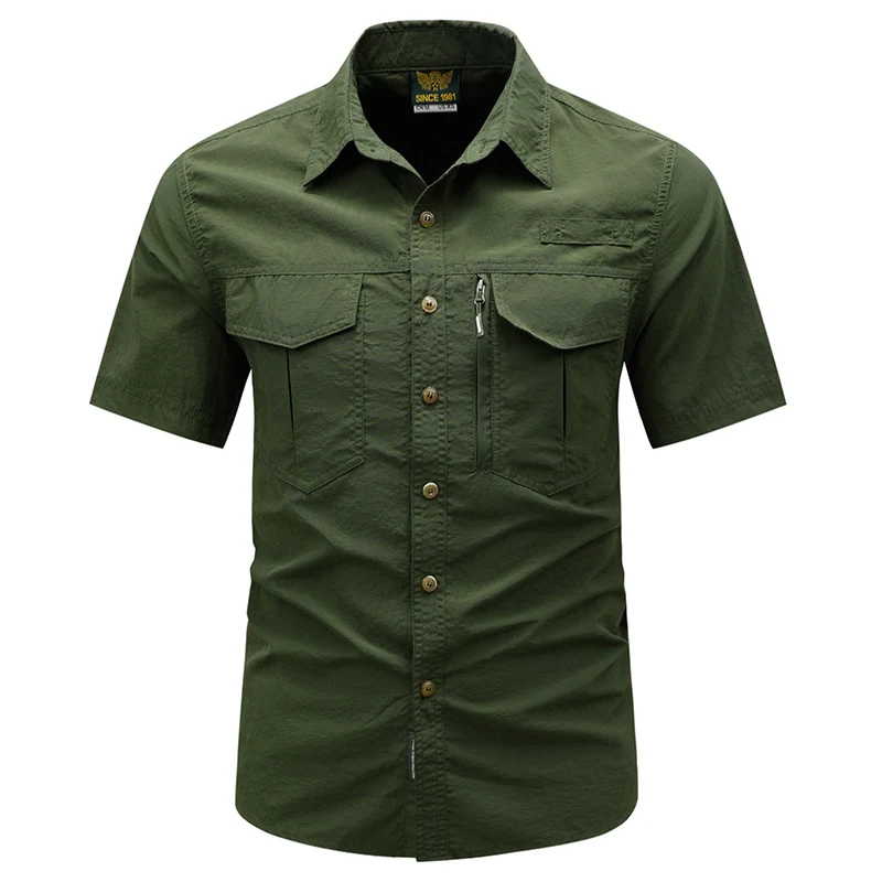Men's tactical short sleeve button shirt with dual flap chest pockets and discreet zip utility pocket Drune