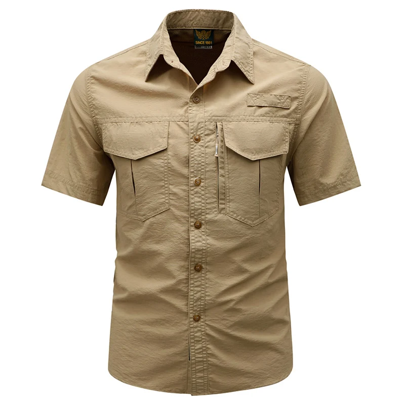 Men's tactical short sleeve button shirt with dual flap chest pockets and discreet zip utility pocket Drune