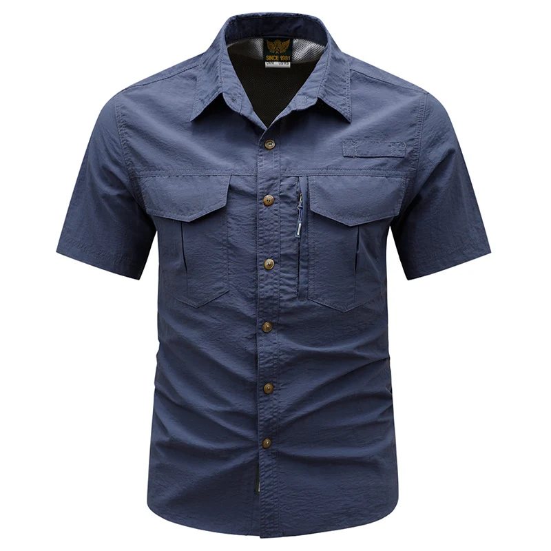 Men's tactical short sleeve button shirt with dual flap chest pockets and discreet zip utility pocket Drune