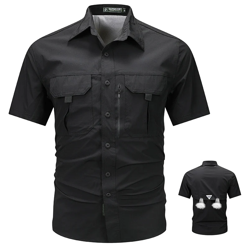 Men's tactical short sleeve button shirt with dual flap chest pockets and discreet zip utility pocket Drune