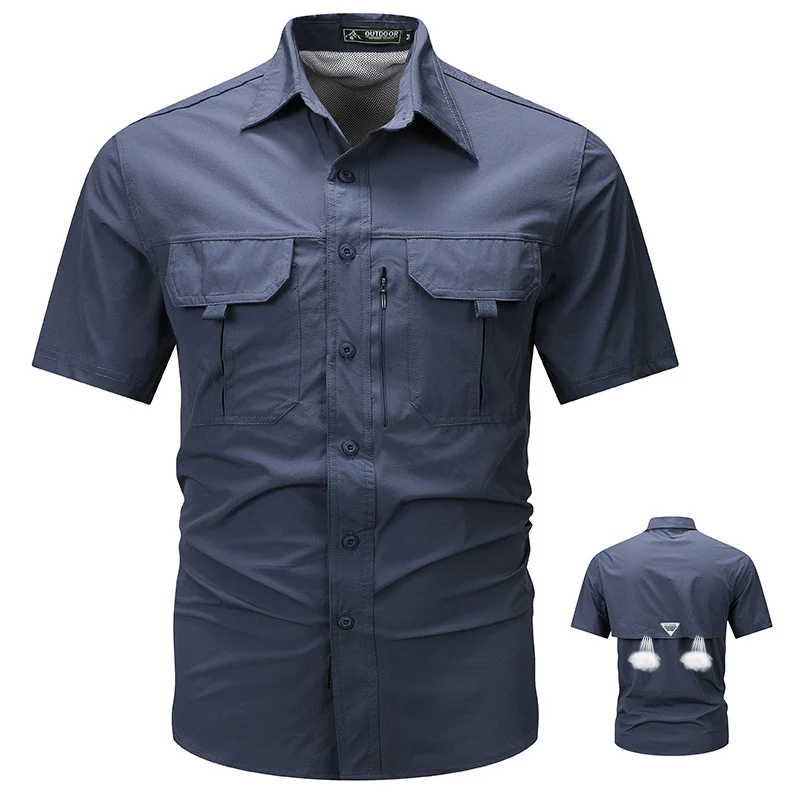 Men's tactical short sleeve button shirt with dual flap chest pockets and discreet zip utility pocket Drune