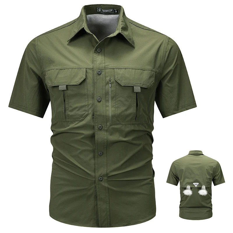 Men's tactical short sleeve button shirt with dual flap chest pockets and discreet zip utility pocket Drune