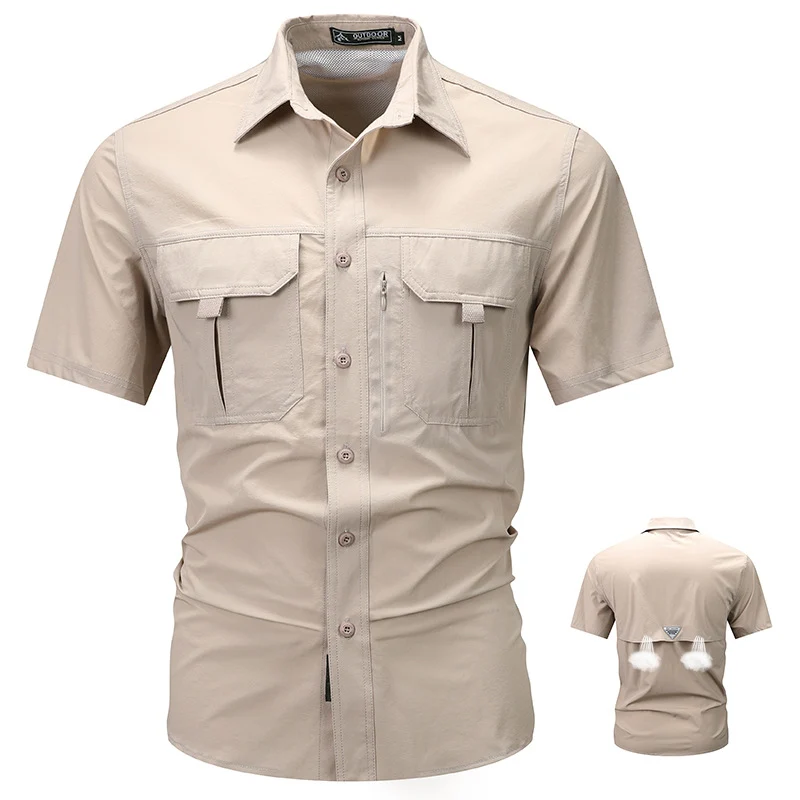Men's tactical short sleeve button shirt with dual flap chest pockets and discreet zip utility pocket Drune