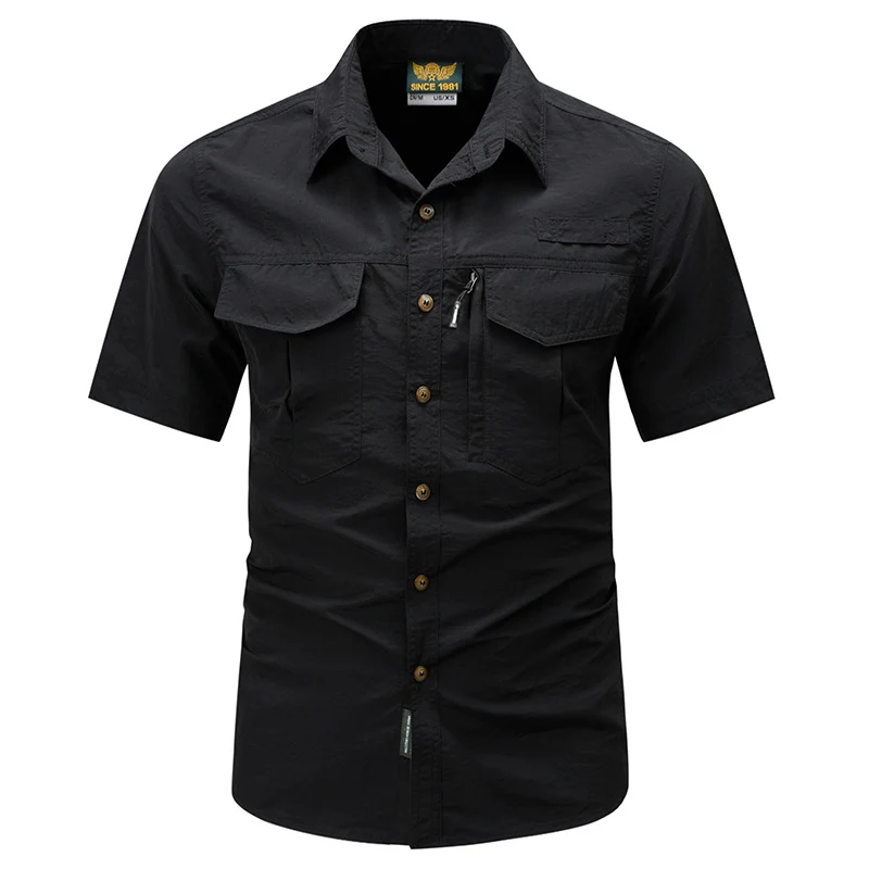 Men's tactical short sleeve button shirt with dual flap chest pockets and discreet zip utility pocket Drune