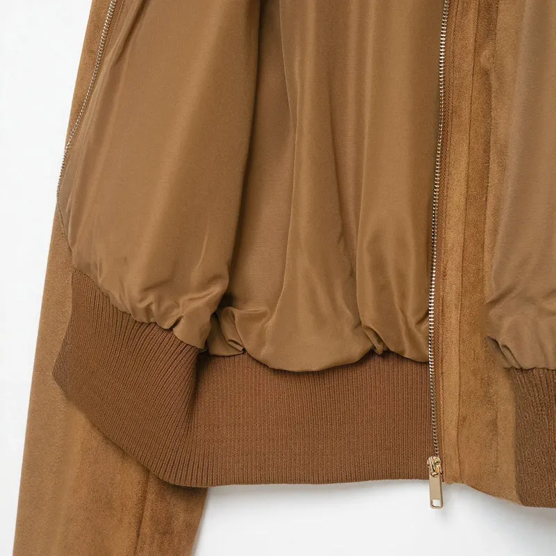 Damen kurzgeschnittene Wildleder-Bomberjacke mit hohem Rippkragen und Pattentaschen Drune