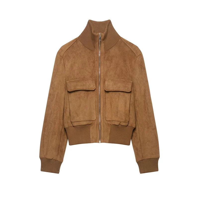 Damen kurzgeschnittene Wildleder-Bomberjacke mit hohem Rippkragen und Pattentaschen Drune