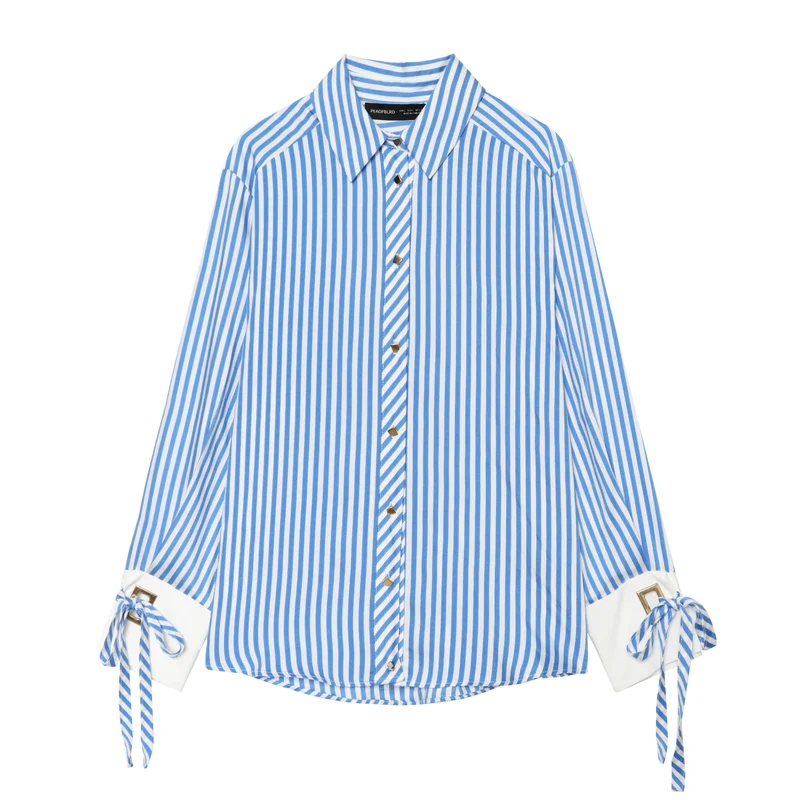 Damen nan oversized Hemdbluse mit Kentkragen, durchgehender Knopfleiste, markanten Manschetten mit Schnürdetail und feinem Streifenmuster Drune