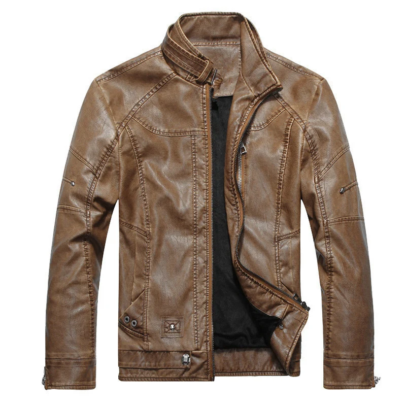 Herren Lederjacke im Vintage-Look mit Stehkragen und Mehrfachreißverschlüssen Drune