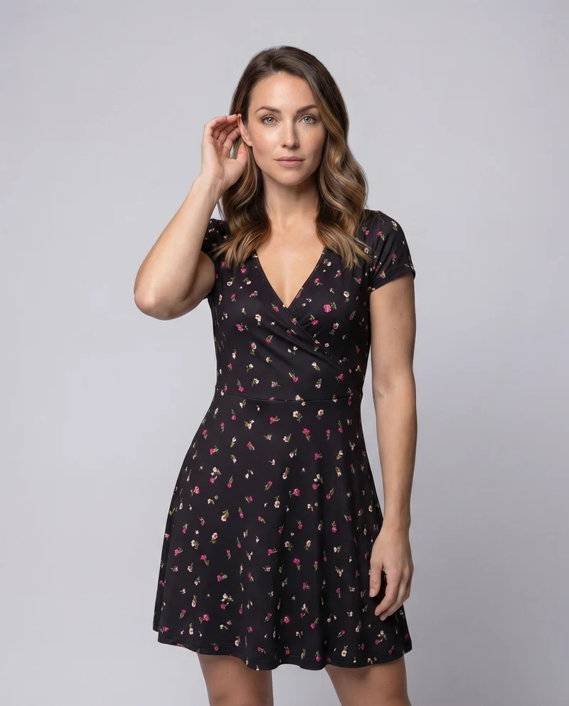 Damen Blüten-Freizeitkleid Cross-Over-Stil Skaterrock Tailliert