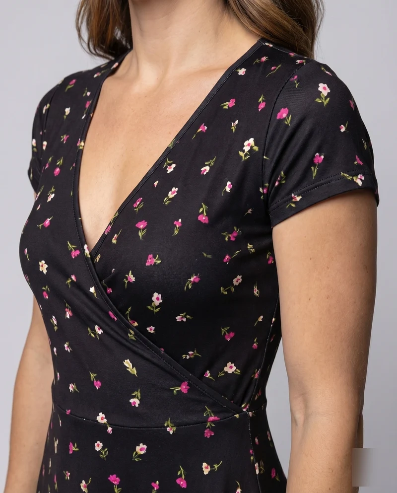 Damen Blüten-Freizeitkleid Cross-Over-Stil Skaterrock Tailliert