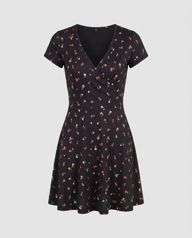 Damen Blüten-Freizeitkleid Cross-Over-Stil Skaterrock Tailliert