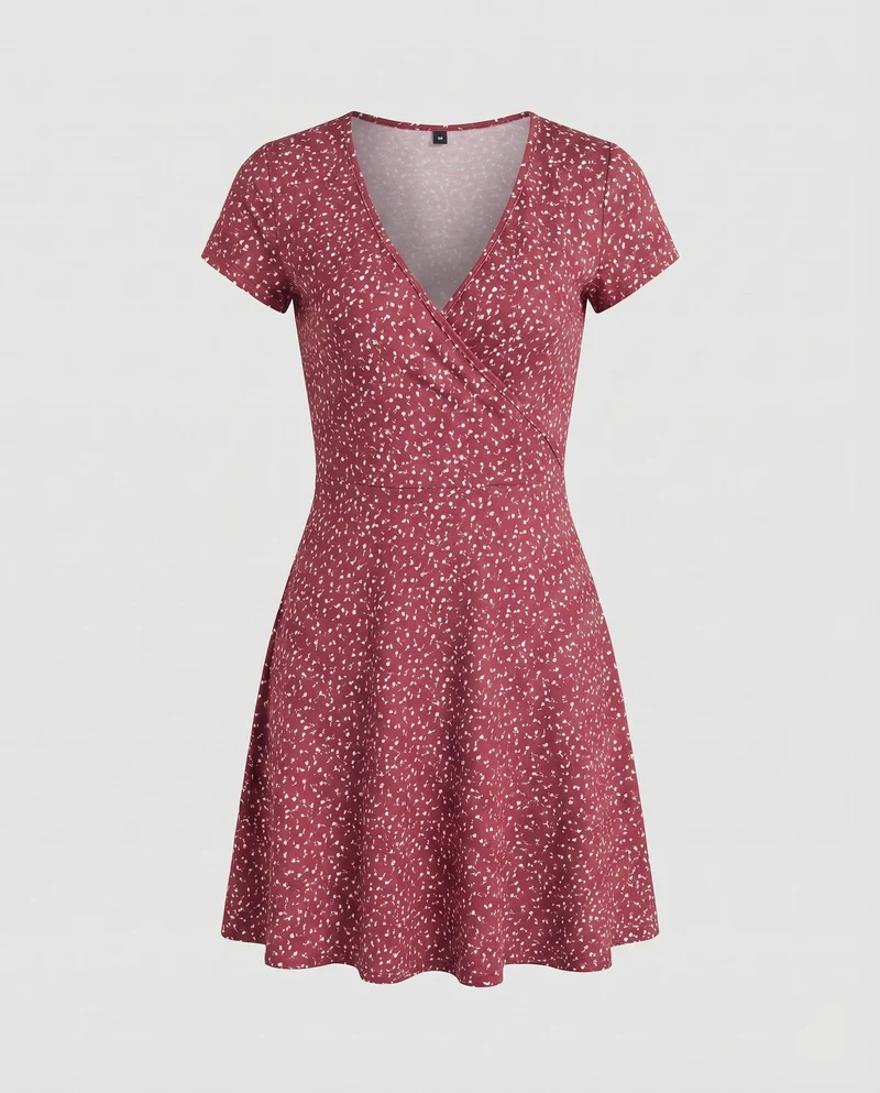 Damen Blüten-Freizeitkleid Cross-Over-Stil Skaterrock Tailliert