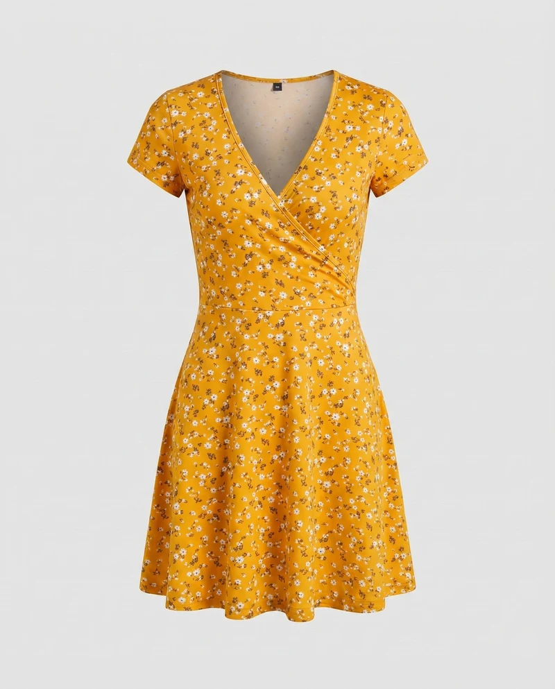 Damen Blüten-Freizeitkleid Cross-Over-Stil Skaterrock Tailliert