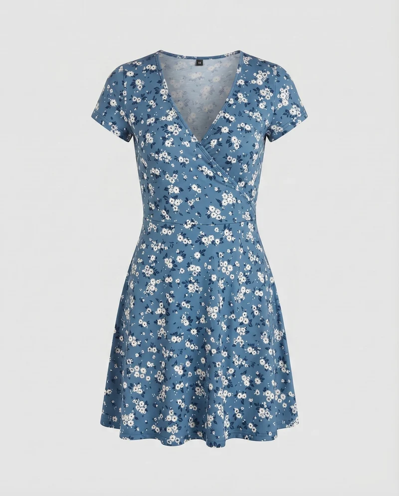 Damen Blüten-Freizeitkleid Cross-Over-Stil Skaterrock Tailliert