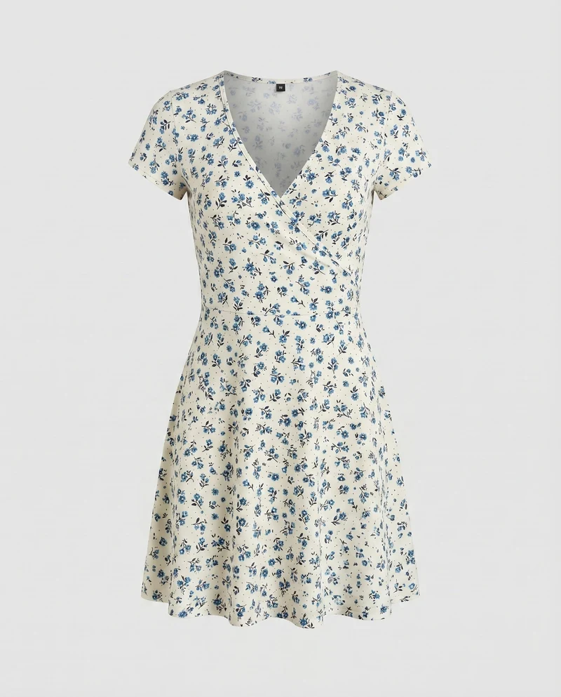 Damen Blüten-Freizeitkleid Cross-Over-Stil Skaterrock Tailliert