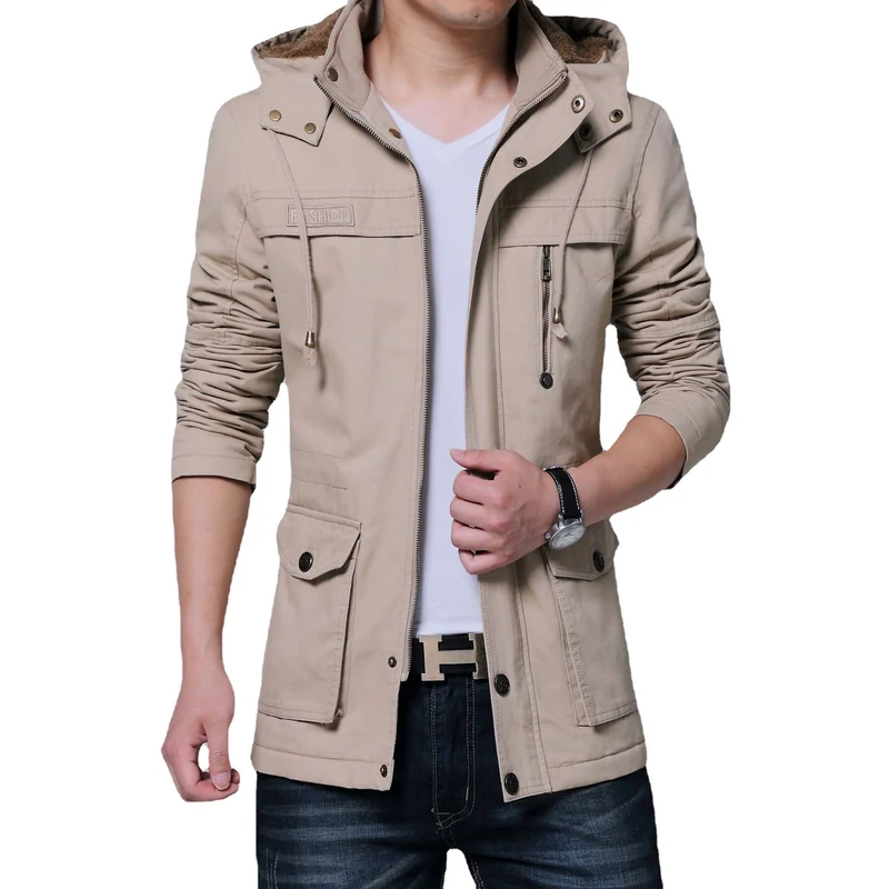 Herren Canvas-Parka mit gefütterter Kapuze, Multifunktions-Taschen und verdecktem Reißverschluss Drune