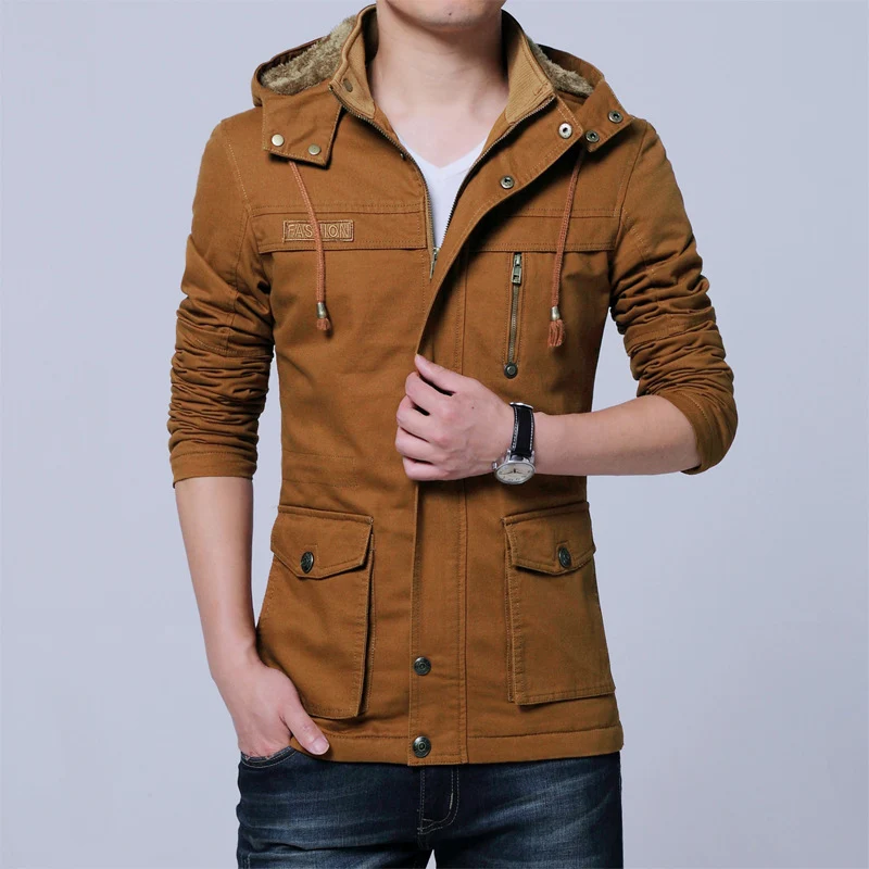 Herren Canvas-Parka mit gefütterter Kapuze, Multifunktions-Taschen und verdecktem Reißverschluss Drune