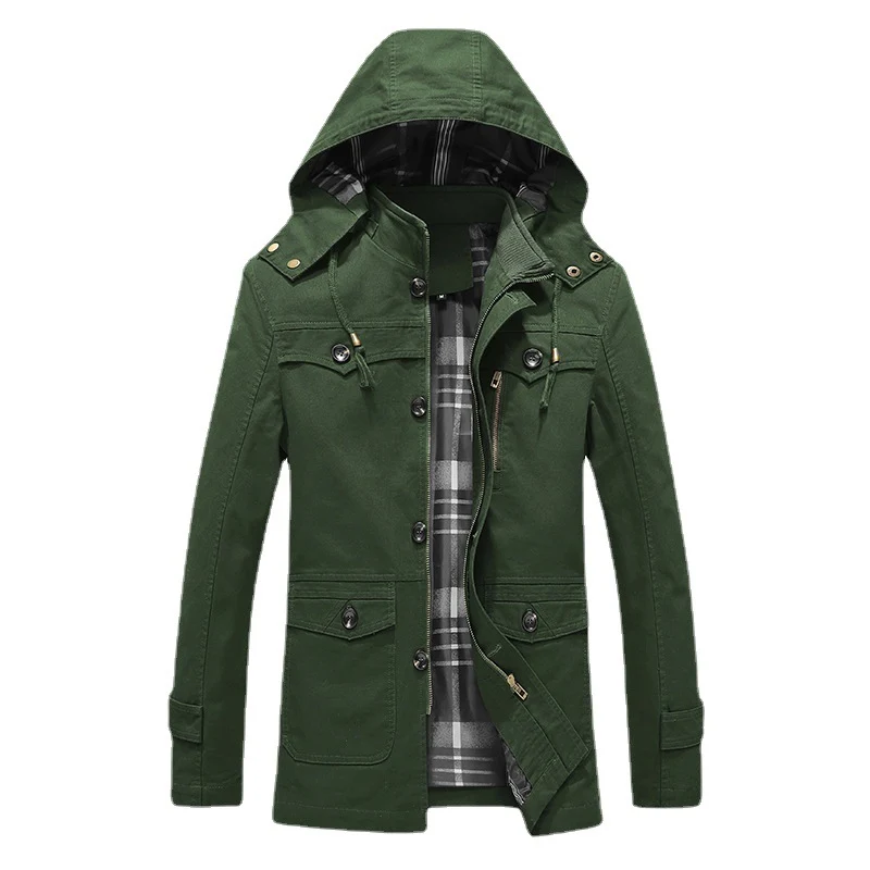 Herren Canvas-Parka mit gefütterter Kapuze, kariertem Innenfutter und Multifunktions-Außentaschen Drune