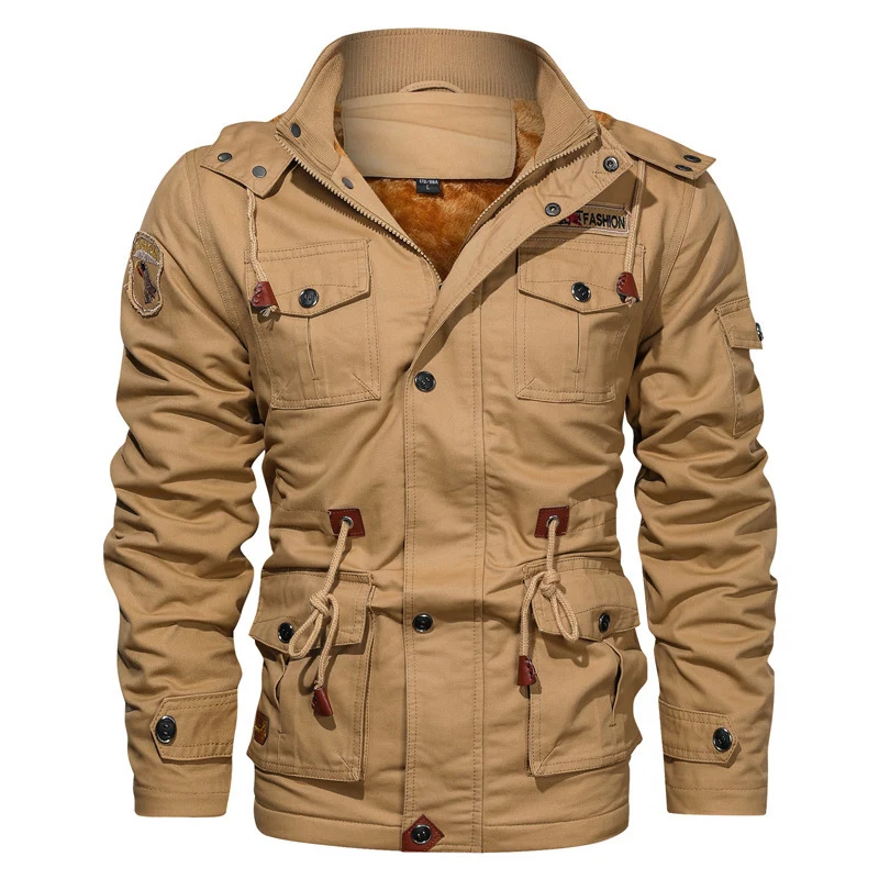 Herren Canvas-Parka im Military-Utility Stil mit Teddyfleece-Futter, Taillenzug und Multifunktions-Taschen Drune