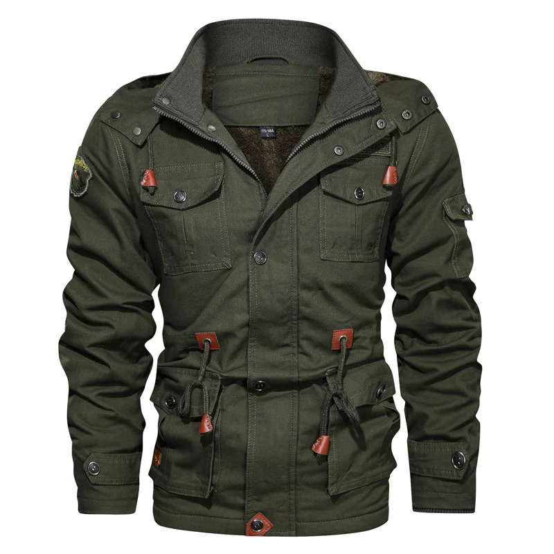 Herren Canvas-Parka im Military-Utility Stil mit Teddyfleece-Futter, Taillenzug und Multifunktions-Taschen Drune