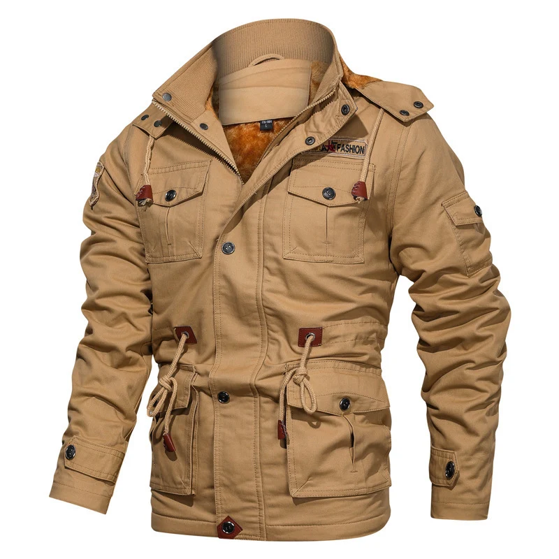 Herren Canvas-Parka im Military-Utility Stil mit Teddyfleece-Futter, Taillenzug und Multifunktions-Taschen Drune